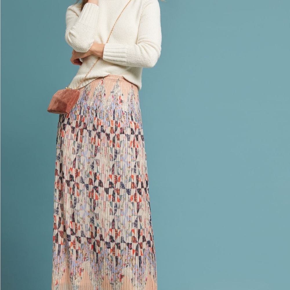 Anthropologie Pink and Blue Pleated Maxi Skirt